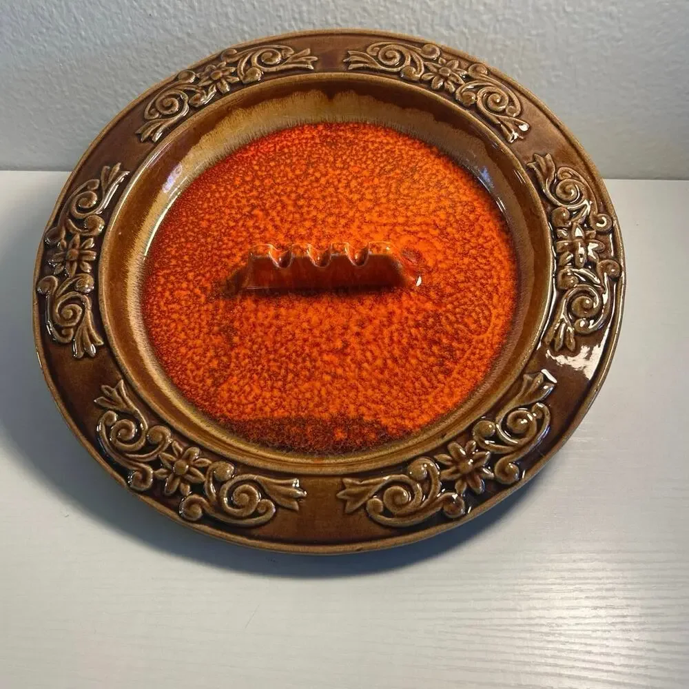 Art Deco Lane Ceramics MCM Ashtray Orange Lava Glaze Calif Pottery Vtg 60s Retro